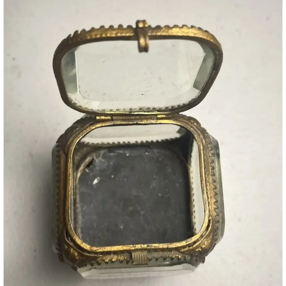 Vintage French Style Ormolu Gold Jewelry Box Casket Beveled Glass Footed Ornate